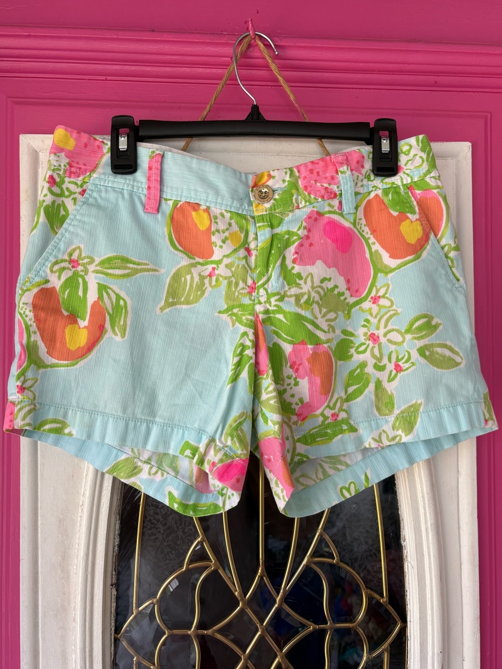 Lilly Pulitzer Aqua Floral strawberry  Peach-Print High Waist Shorts